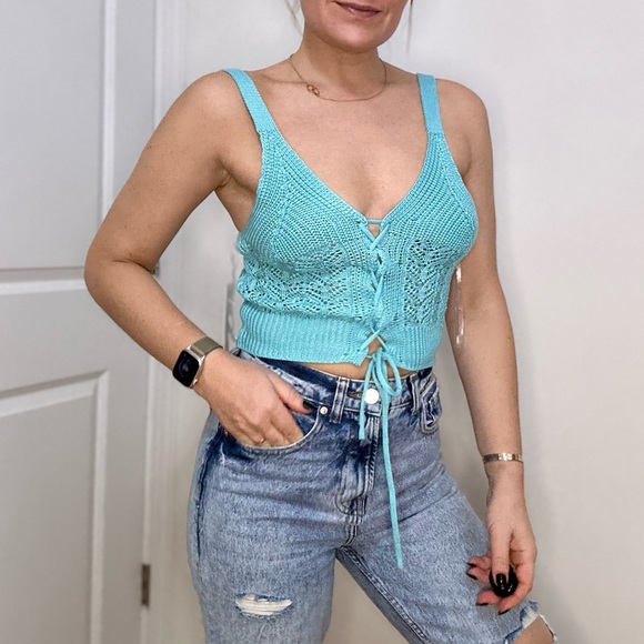 Lace UP Front Crochet Knit Crop Cami - Picture 2 of 9